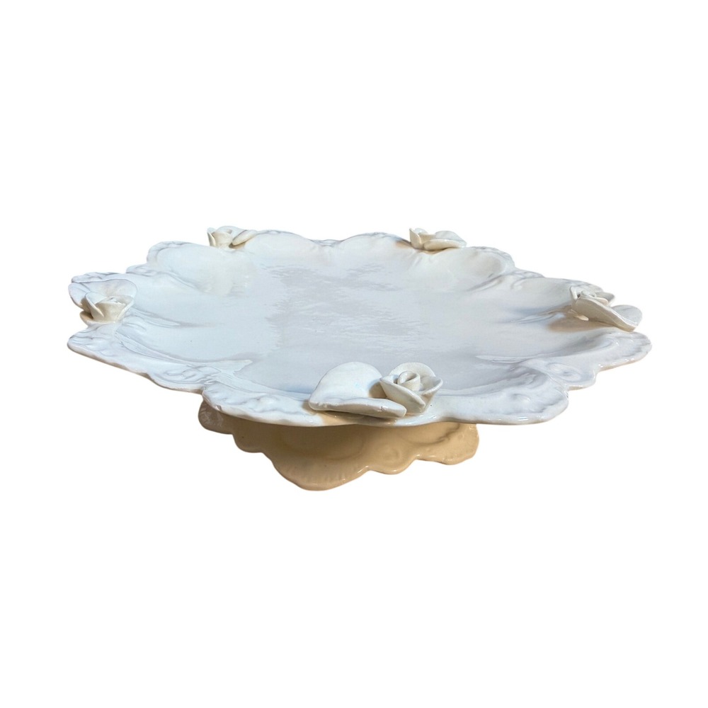 Vtg. Paper Windows Ceramic Cake Stand White Rose Scalloped Pedestal Cottagecore